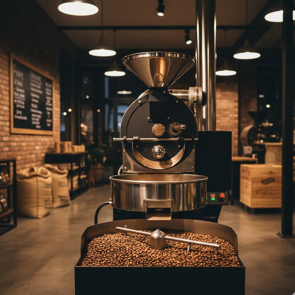 Coffee roasting machine with freshly roasted beans cooling